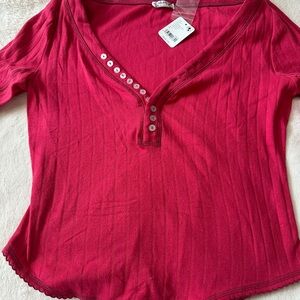 Free People Women's Red V-Neck Button Top.
